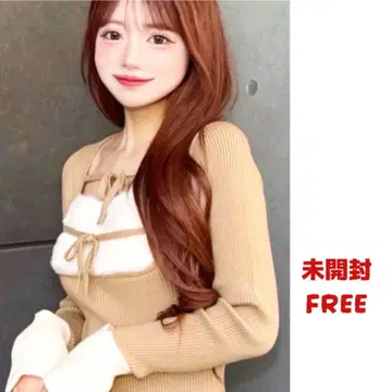 리본 퍼 플레어 니트 미니 원피스 BEG 다리치 FREE