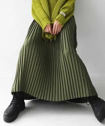 안티카 카키 롱 스커트 플리츠