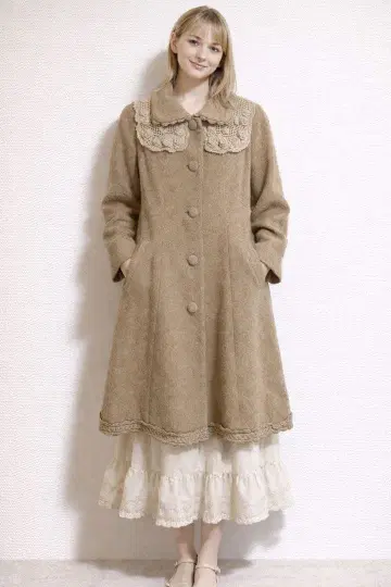 핑크하우스 레이스 달린 옷깃 베이지 울 롱 코트