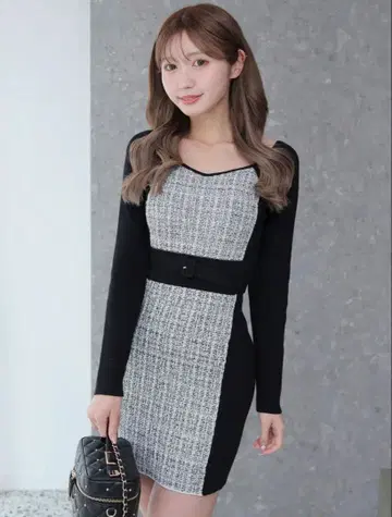 LIP SERVICE 라메 트위드 바이 컬러 니트 원피스