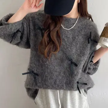 리본 포함 오버 사이즈 샤기 니트 그레이