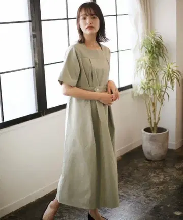 spoon store 레이어드 핀턱 원피스 그린 롱 원피스