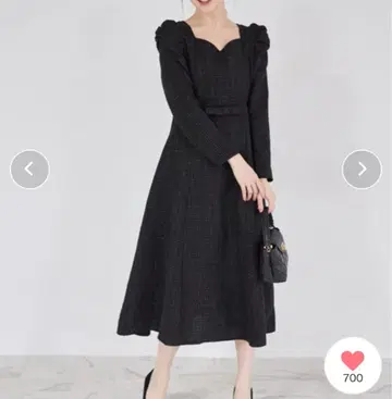 하트넥 허리 리본 장식 트위드 원피스