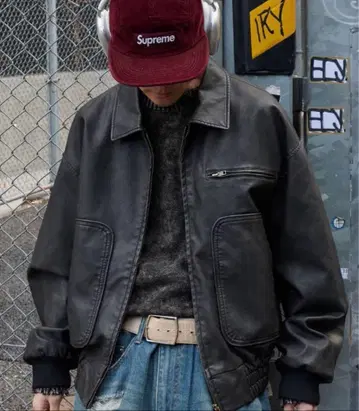 Perushu 블랙 빈티지 라이크 플라이트 자켓 인조 가죽 자켓