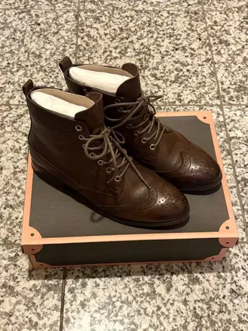 레이스업 부츠 숏부츠 사이드 지퍼 브라운 천연 가죽 L 사이즈 24cm