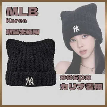 [새상품] MLB Korea 카리나 착용 고양이 귀 니트 모자/블랙