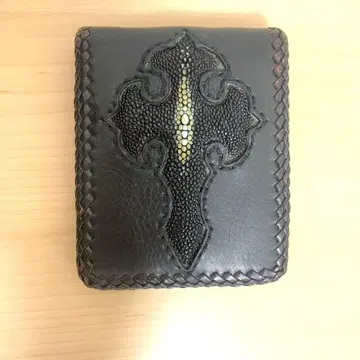 크로스 디자인 블랙 가죽 이단 접이식 지갑