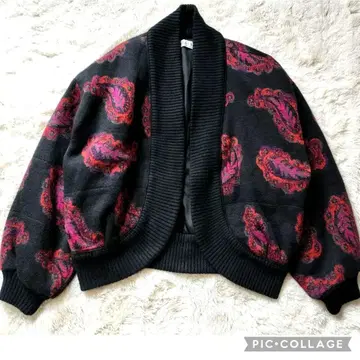 새상품급 유키코 하나이 빅 페이즐리 충전솜 니트 블루종 겉옷 블랙 화려함