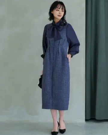 루일 에 부티크 믹스 트위드 콤비 롱 내로우 원피스 드레스