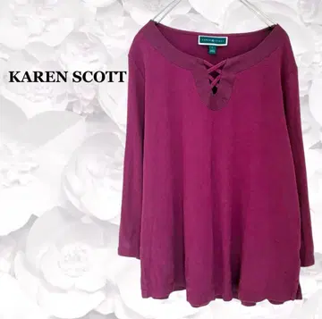 새상품급 [카렌 스캇] 긴팔 티셔츠 컷앤소 롱티 [L] 적자색 코튼