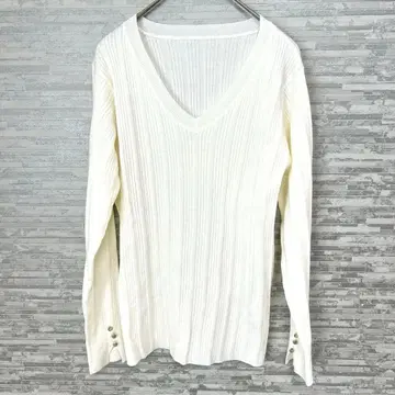 오리히카 워셔블 니트 M 화이트 V넥 긴팔 고급 출퇴근 오피스 캐주얼