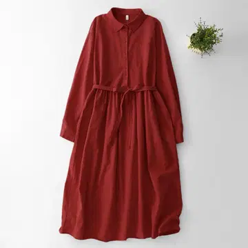 XL 원피스 캐주얼 긴팔 셔츠 원피스 빨간색 레드