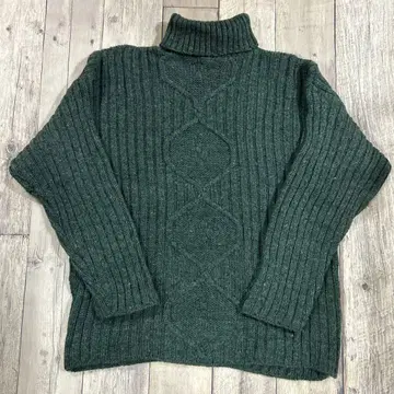 아일랜드제 아란 니트 울 하이넥 L 그린