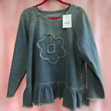 PERSON'S 데님 꽃 자수 프릴 긴팔 상의 최신상! 막 출시된 3L
