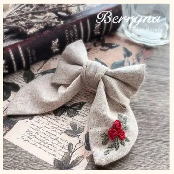 어른의 리본 머리핀 베이지 빨간색 앤티크 로즈 자수 린넨