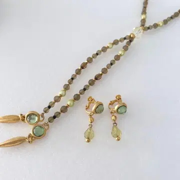 비즈 목걸이 & 귀찌 세트 골드 컬러 빈티지 카보숑