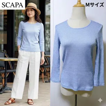 새상품급 SCAPA 스캐파 7부 소매 리브 니트 보더 색스 블루 일본제