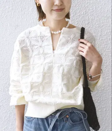 SHIPS 2WAY 플라워 자카드 하프 지퍼 풀오버