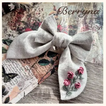 린넨 소재 리본 머리핀 앤티크 로즈 자수 어른의 리본