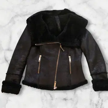 리얼 무스탕 코트 블랙 후드 부착 더블 지퍼 44 이탈리아제