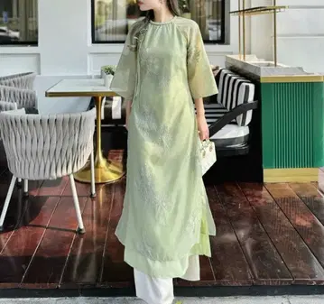 꽃 자수 그린 모던 베트남 아오자이 롱 기장 L