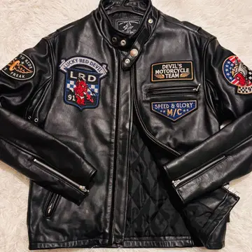 컨디션 최상 TED 럭키 데빌 가죽 자켓 40 로고 자수 블랙