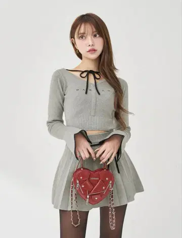 darich 허리 오픈 리본 디자인 니트 미니 원피스 FL GRY