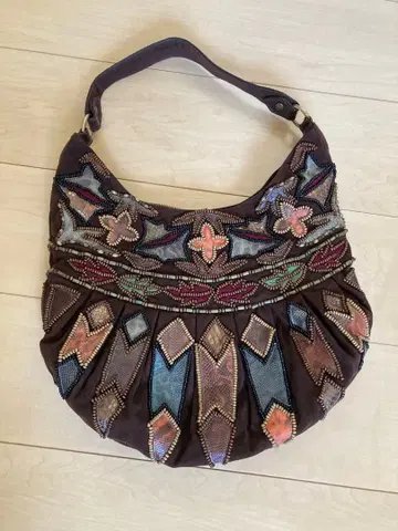 비즈 자수 숄더백 브라운 약 30cm