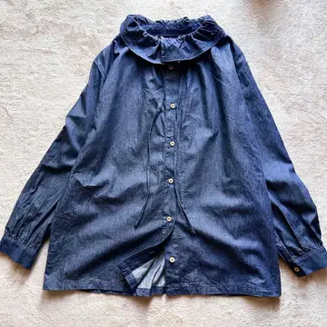 [ ichi ] 이치 4.5oz 데님 목 프릴 셔츠 블라우스