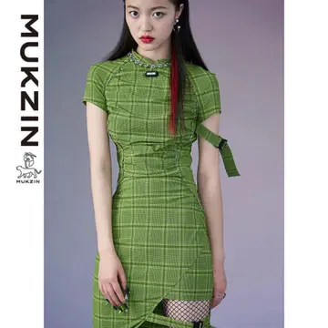 mukzin 그린 체크 차이나 원피스 M