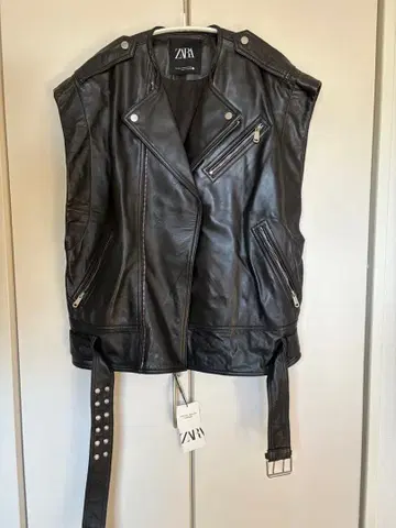 ZARA 천연 가죽 블랙 라이더 베스트 자켓 XS-S