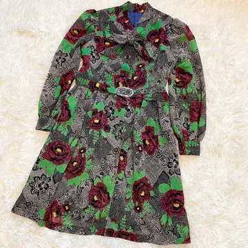 무릎 기장 원피스 쇼와 레트로 빈티지 장미 올 패턴 그레이