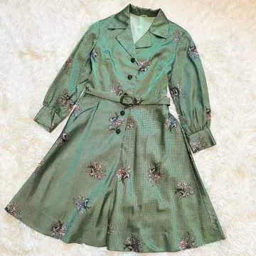무릎 기장 원피스 빈티지 쇼와 레트로 꽃무늬 그린