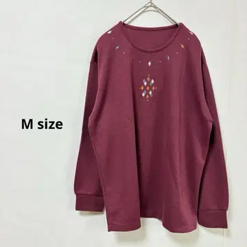 긴팔 티셔츠 M 버건디 마름모 자수 크루넥 일본제