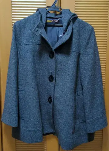 그레이 후드 부착 울 코트 (캐시미어 혼방)