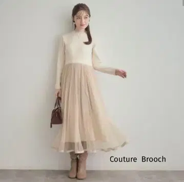 미사용품 쿠튀르 브로치 라메 니트 튤 도킹 원피스