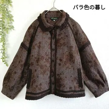 장미색의 삶 꽃무늬 자켓 경량 얇은 소재 장미 버튼 레이스 브라운 레트로