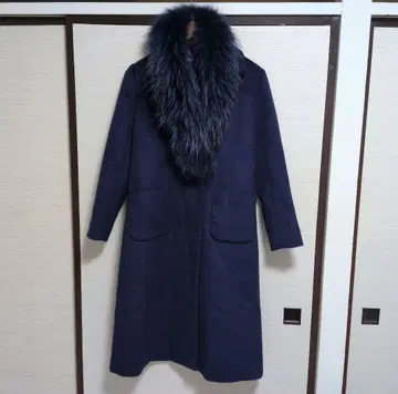 [미사용] 퍼 탈부착 가능 2way 퍼 포함 롱 코트 울 네이비