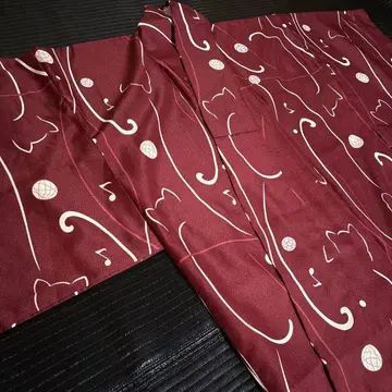 코몬 기모노 고양이 무늬 와인 레드