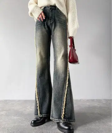 mily bilet 사이드 프린지 사용 빈티지풍 데님 플레어 팬츠