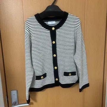 SLOBE iENA 니트 노카라 자켓 화이트 블랙 스트라이프