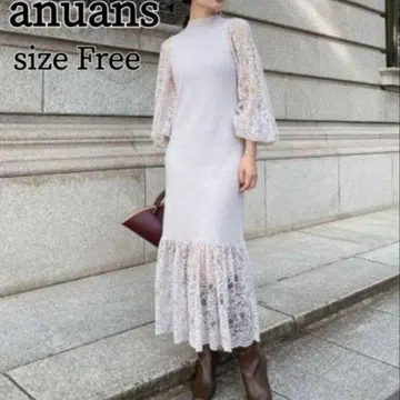 anuans 스캘럽 레이스 도킹 니트 원피스 롱 프리