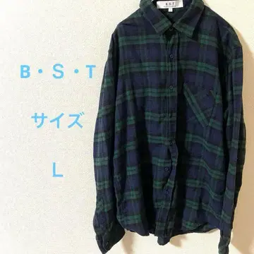 B S T 네이비와 그린의 체크 무늬 긴팔 셔츠