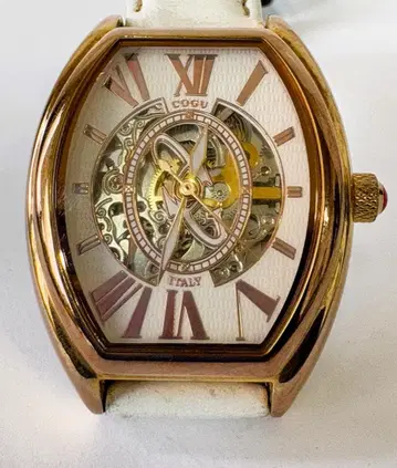 COGU 코그 손목시계 남성용 자동 스켈레톤 화이트 가죽