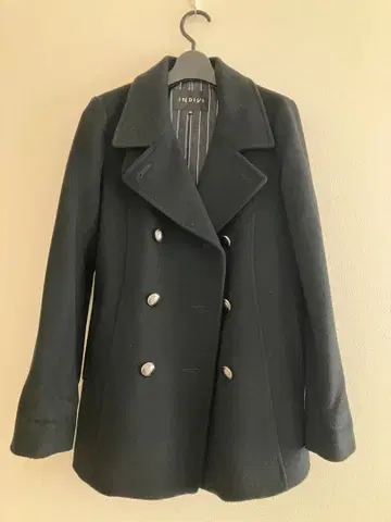 INDIVI 인디비 피코트 스트라이프 안감 은색 버튼 울 블랙 38M