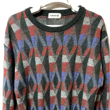 긴팔 니트 레트로 패턴 스웨터 그린 혼방 올 패턴