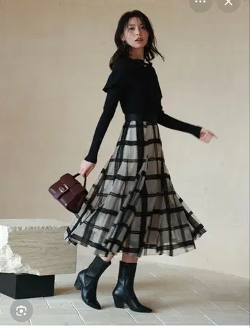 SNIDEL 플로키 체크 샤샤 스커트