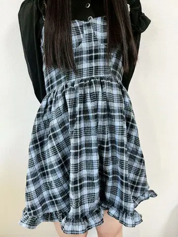 파랑과 블랙 체크 플레어 스커트 지뢰계