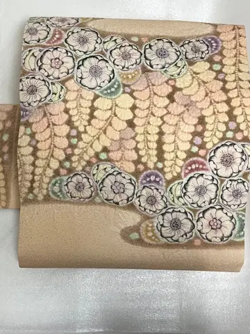 나고야 오비 작가 작품 베이지 꽃 문양 순수 실크 유려한 초화 의장