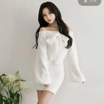 후디 오프숄더 니트 미니 원피스